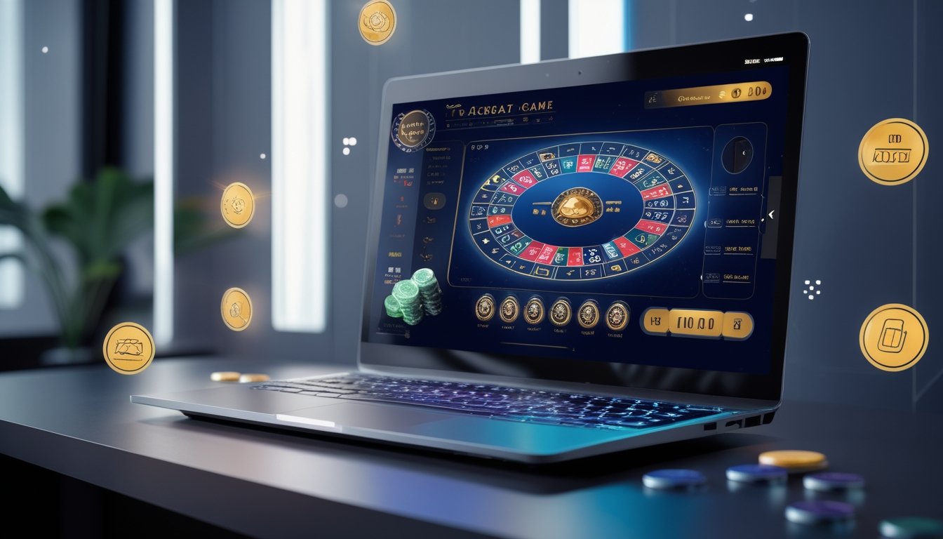 Seorang pemain sedang bermain baccarat online di laptop dengan tampilan kartu dan chip di layar.