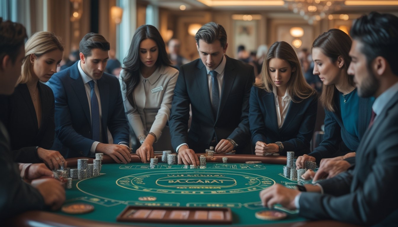 Beberapa pemain di meja baccarat di kasino sedang bermain dengan serius dan fokus.
