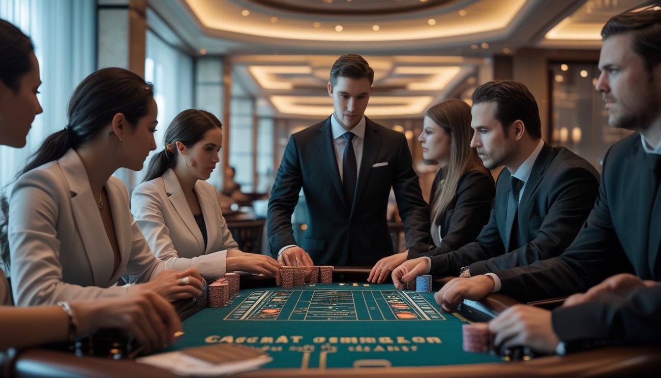 Seorang dealer dan pemain berkumpul di meja Baccarat dengan suasana kasino yang mewah dan serius.