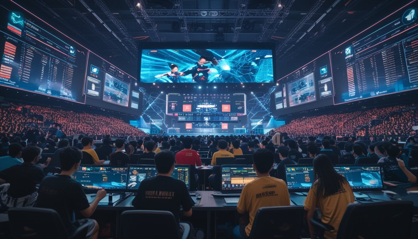 Arena esports modern dengan pemain dan penonton Asia Tenggara yang antusias, layar digital besar menampilkan permainan dan data taruhan, menggambarkan tren judi esports dan perkembangan pasar digital global.