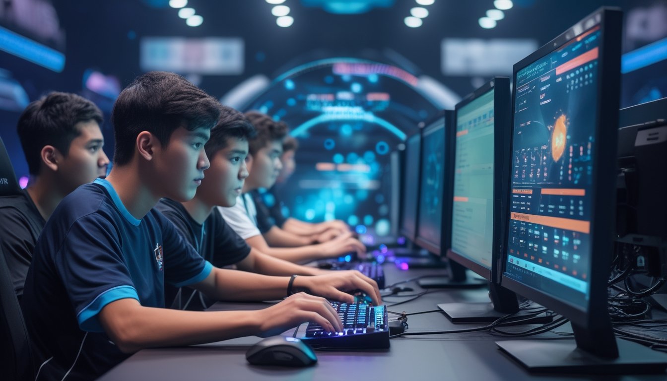 Sekelompok pemain esports muda dari Asia Tenggara sedang fokus bermain di studio gaming modern dengan peralatan komputer canggih dan layar besar.
