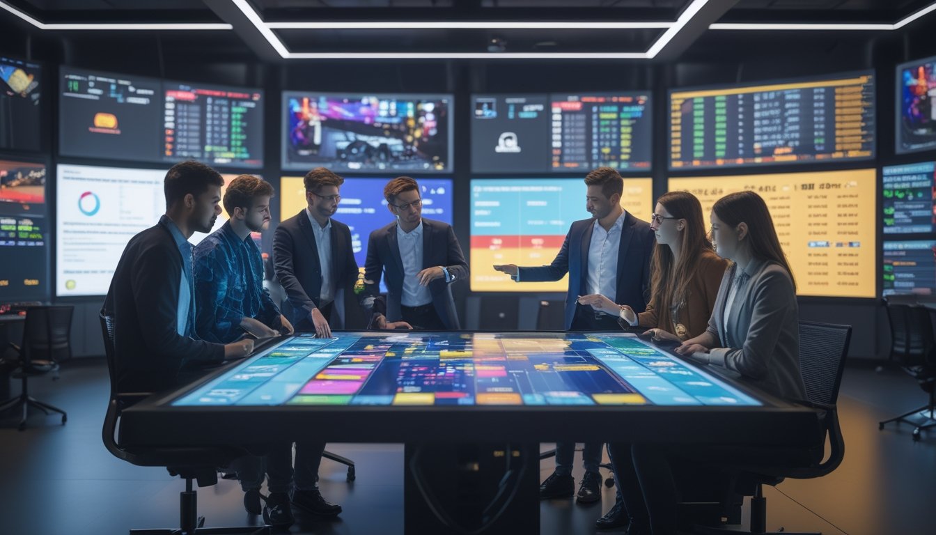 Sekelompok profesional muda sedang berdiskusi di ruang kantor modern dengan layar digital besar menampilkan grafik dan pertandingan esports.
