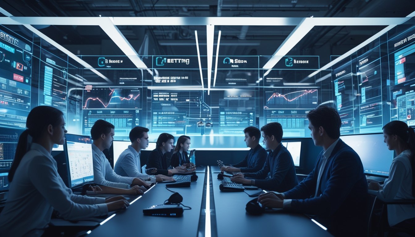 Sekelompok profesional muda sedang bekerja dengan layar digital yang menampilkan data taruhan judi esports di kantor modern.