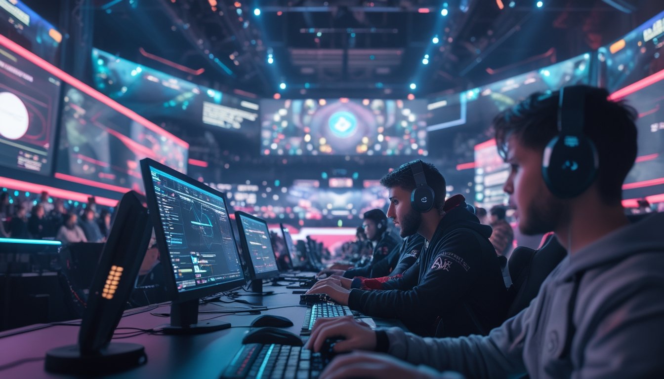 Arena esports futuristik dengan pemain yang fokus bermain dan tampilan teknologi AI yang memprediksi hasil pertandingan.