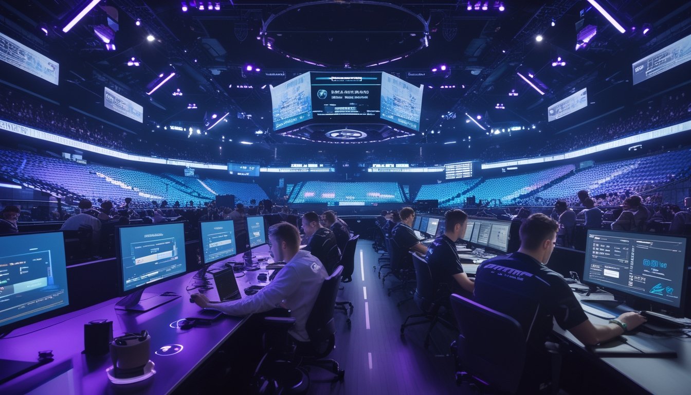 Arena esports modern dengan pemain dan analis menggunakan perangkat AI untuk memprediksi hasil pertandingan, dikelilingi oleh layar digital dan penonton.