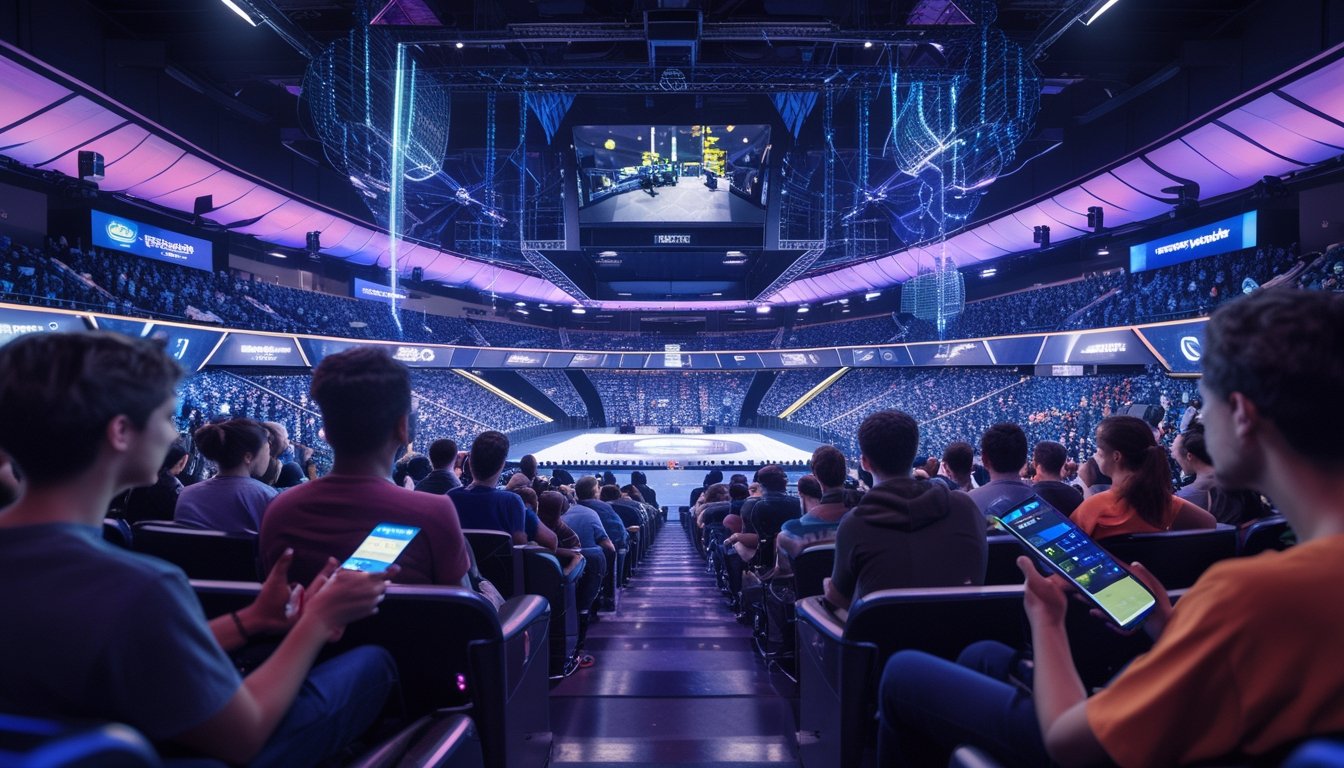 Kerumunan orang menonton turnamen esports di arena dengan layar besar, beberapa orang menggunakan perangkat digital untuk bertaruh pada pertandingan.