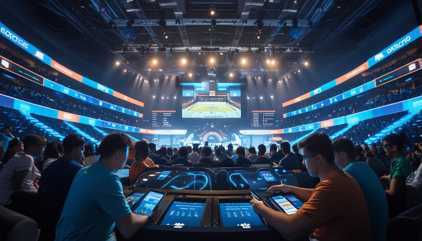 Orang-orang muda di arena esports modern yang ramai, menggunakan perangkat digital untuk berjudi sambil menonton turnamen kompetitif.