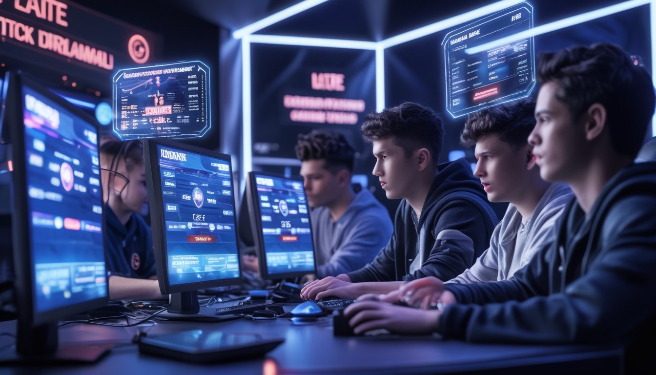 Sekelompok orang muda sedang bermain esports dengan layar komputer dan perangkat modern di ruangan gaming yang terang dengan lampu neon, menunjukkan suasana serius dan penuh konsentrasi.