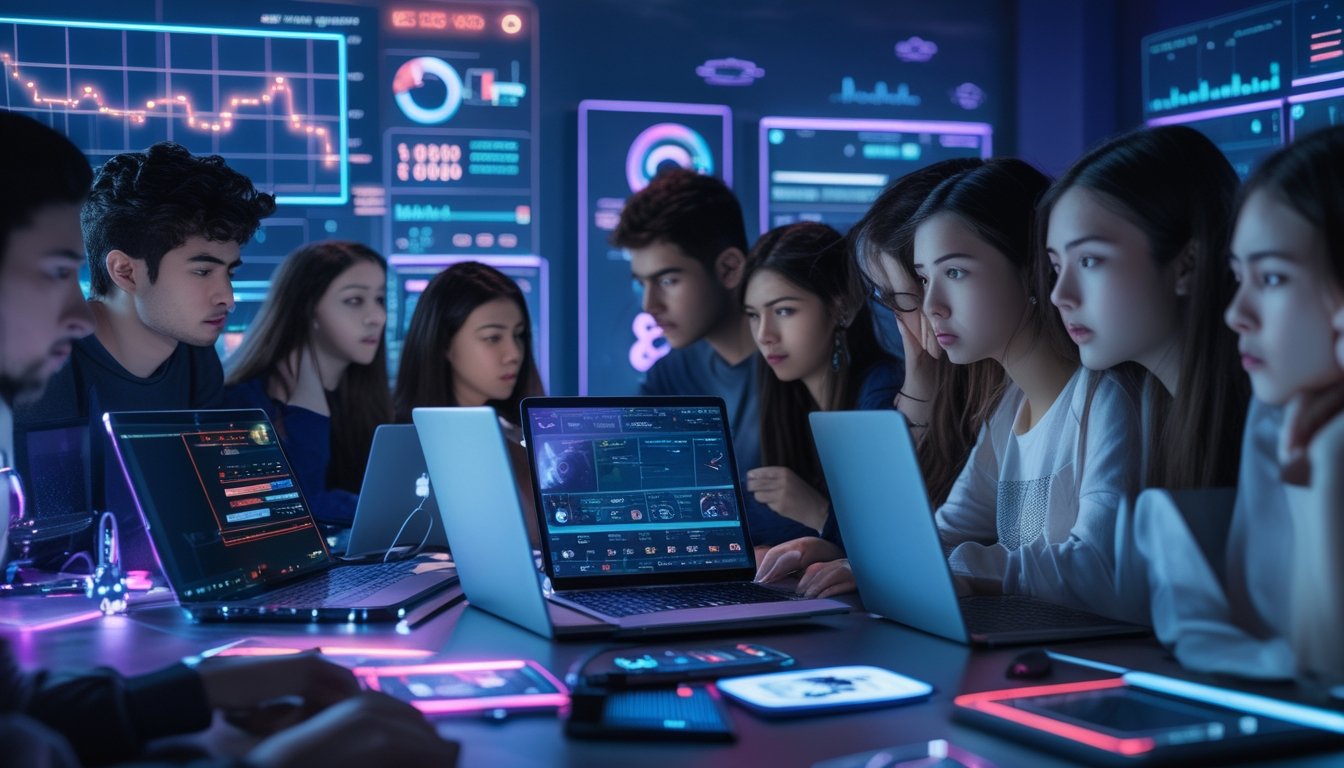 Sekelompok orang muda menggunakan perangkat digital di ruang gaming modern dengan pencahayaan biru dan ungu, menampilkan suasana serius dan fokus terkait tantangan judi esports.