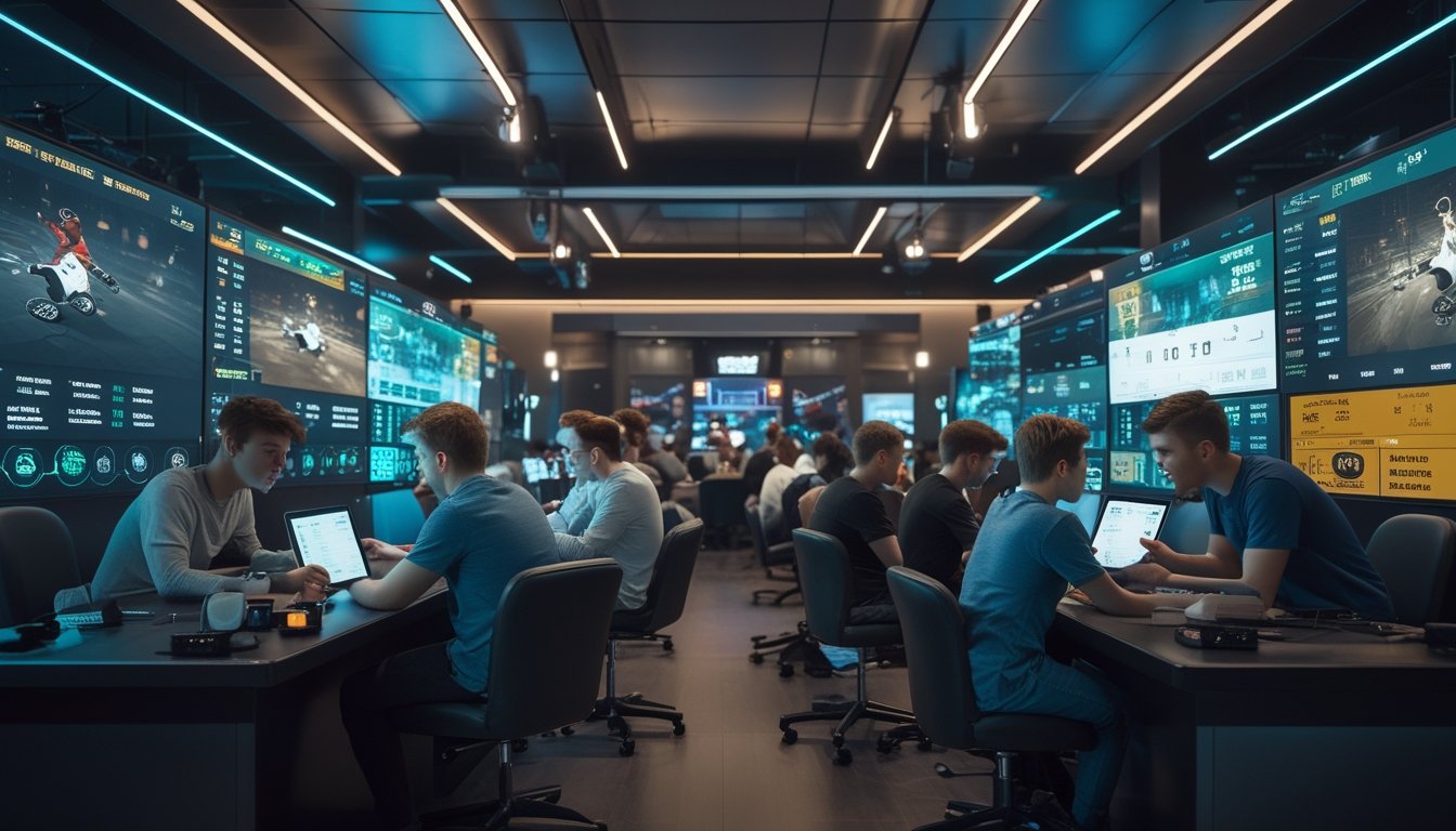 Sekelompok orang muda sedang fokus melihat layar besar yang menampilkan pertandingan esports dan memasang taruhan di perangkat digital di sebuah ruang gaming modern.