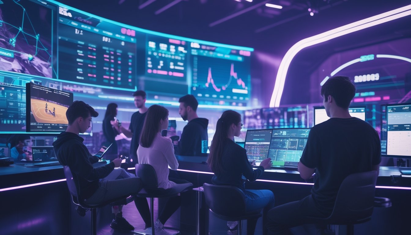 Beberapa orang muda sedang menggunakan perangkat digital di lingkungan esports modern dengan layar besar menampilkan permainan kompetitif dan grafik statistik taruhan.