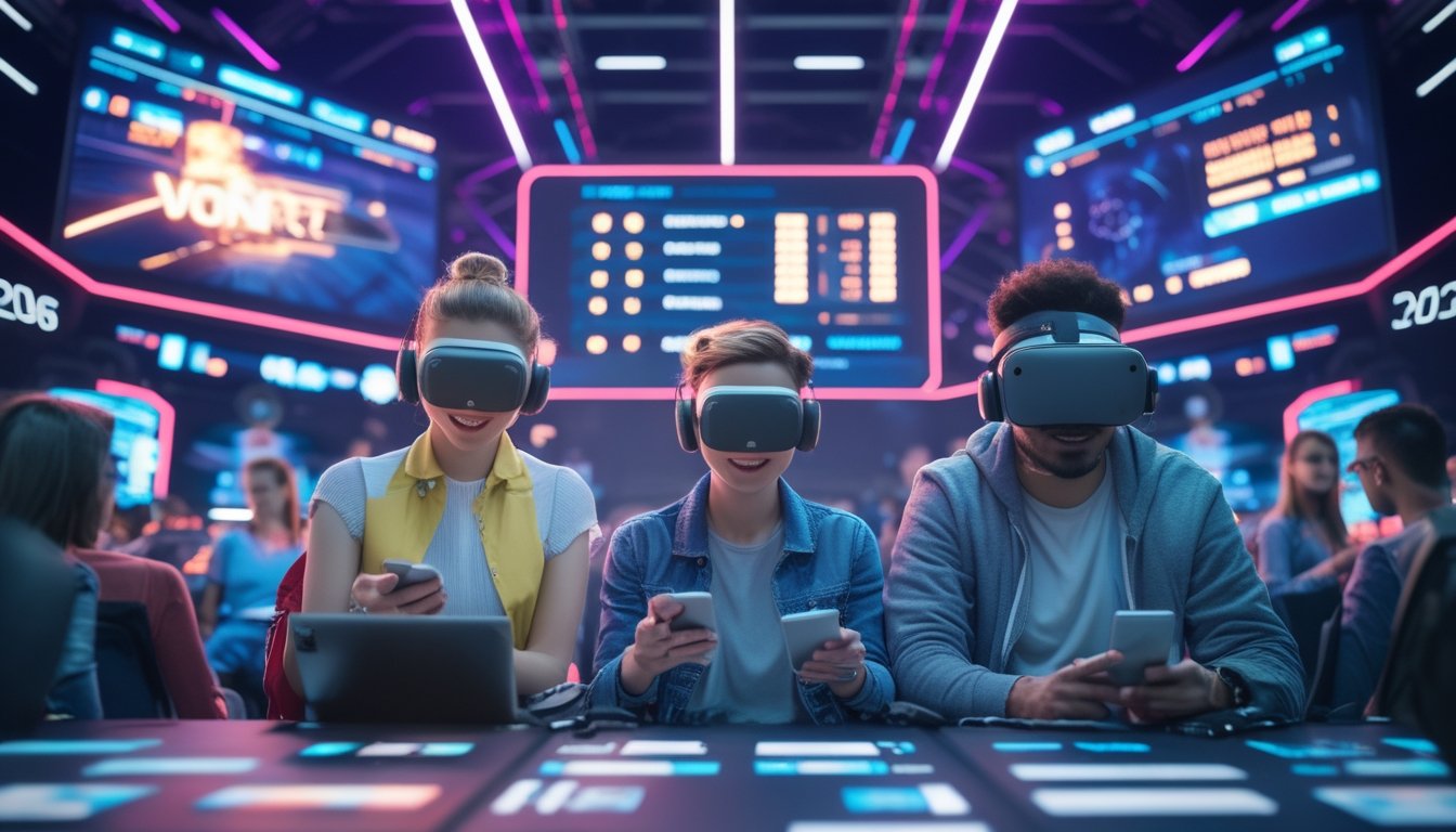 Orang-orang muda menggunakan perangkat digital di arena esports futuristik dengan layar besar dan grafik taruhan.