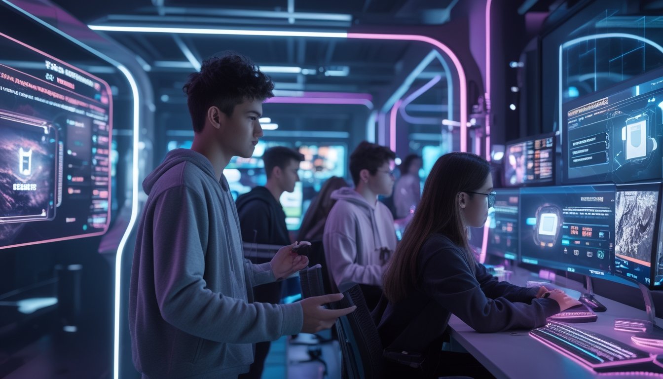 Sejumlah orang muda menggunakan teknologi canggih dengan tampilan holografik dan layar digital di lingkungan modern yang futuristik, menggambarkan perkembangan judi esports dan industri hiburan digital.
