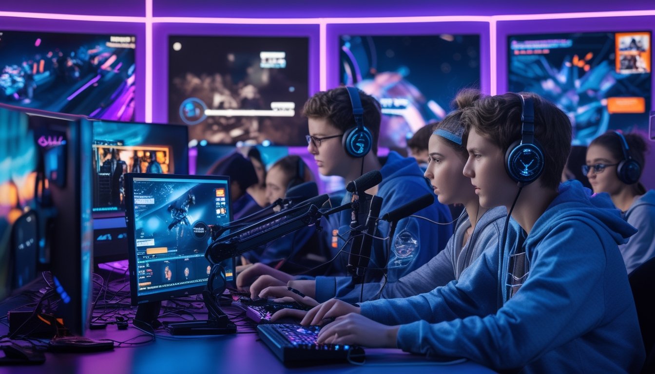 Sekelompok orang muda sedang melakukan streaming dan bermain game di ruang dengan beberapa monitor dan lampu LED berwarna biru dan ungu.