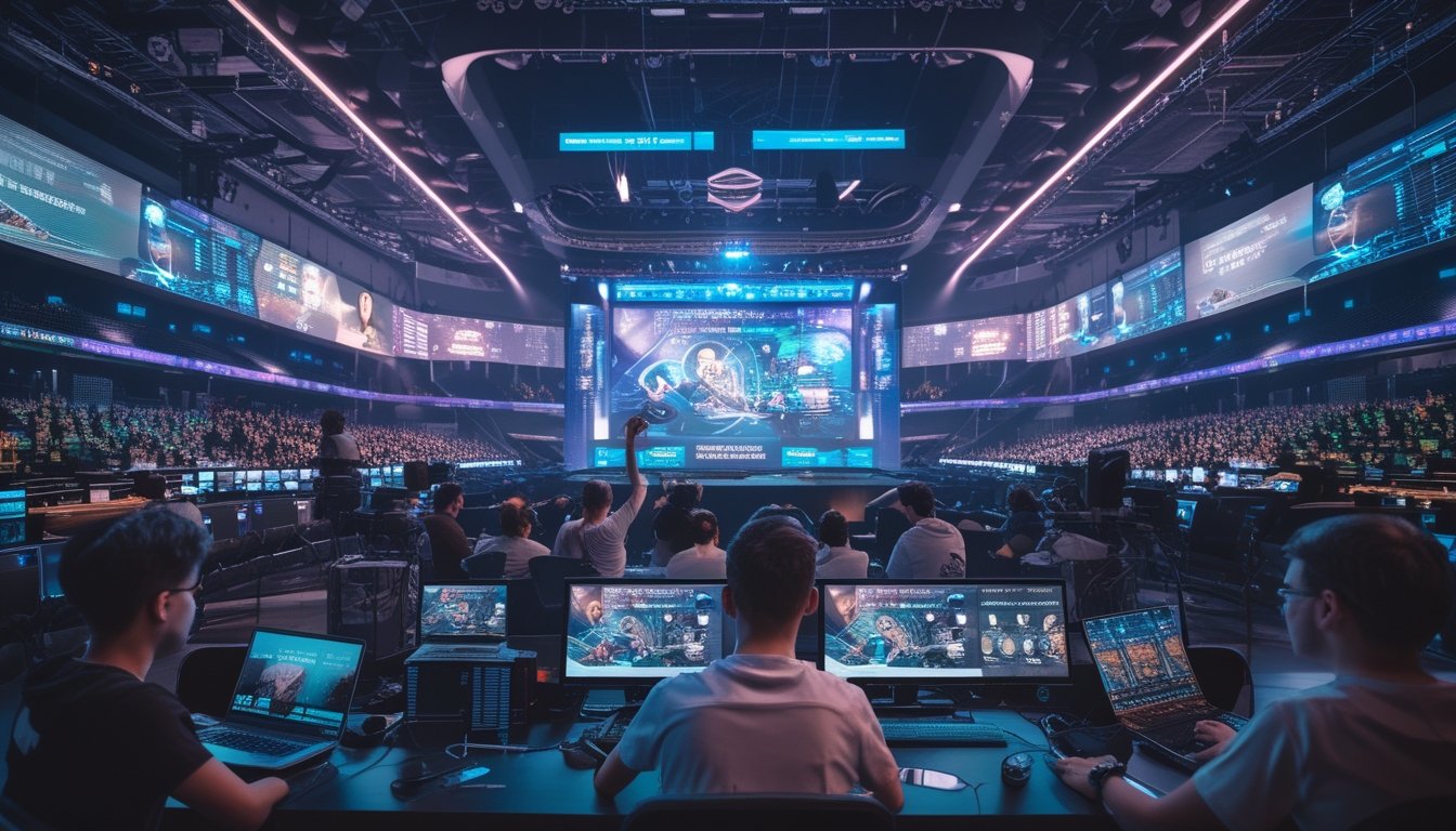 Suasana acara esports dengan kerumunan penonton, influencer menggunakan perangkat streaming, dan elemen digital futuristik yang menggambarkan tren judi esports global.