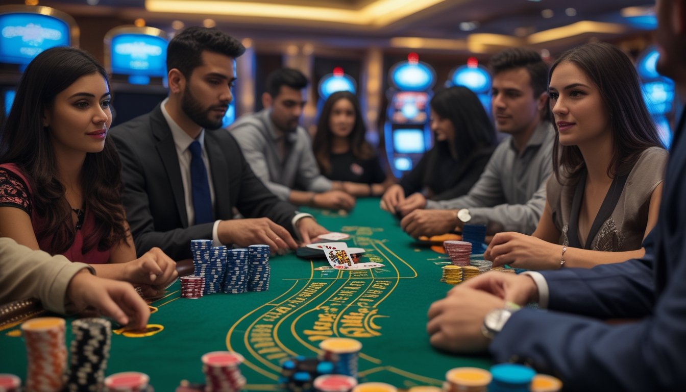 Meja kasino dengan kartu remi dan chip poker, pemain dan dealer sedang bermain Casino War Poker.