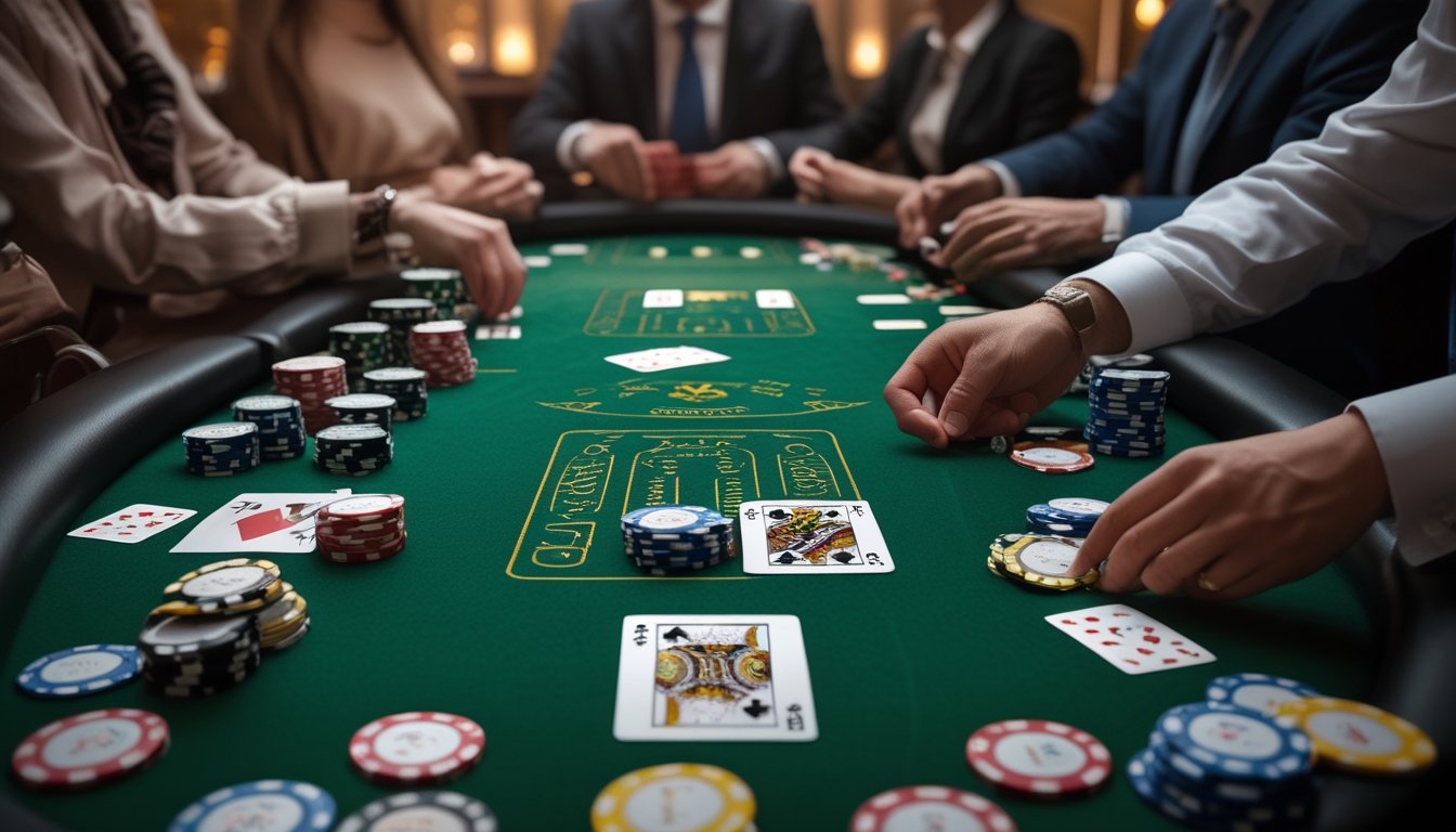 Meja kasino dengan kartu remi dan chip poker, dealer sedang membagikan kartu kepada pemain di sekitar meja.