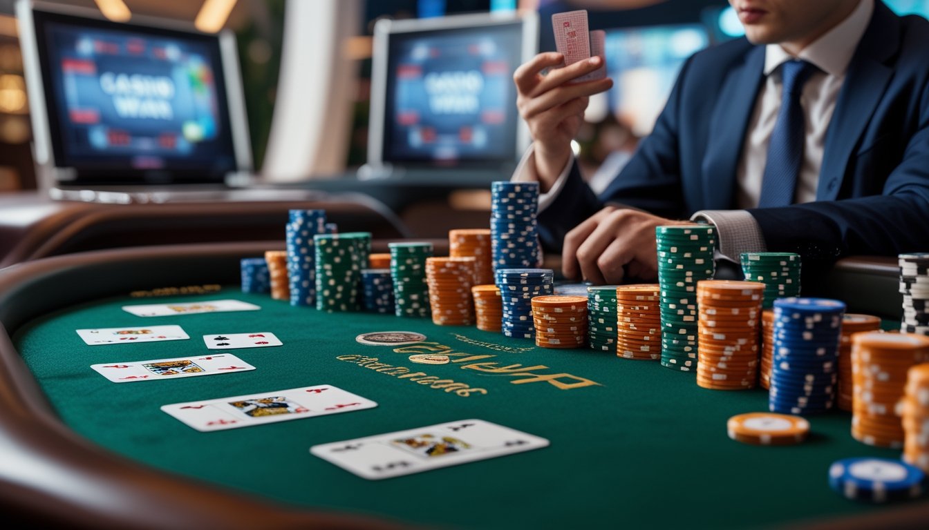 Seorang pemain poker yang serius duduk di meja hijau dengan kartu dan tumpukan chip di kasino online.