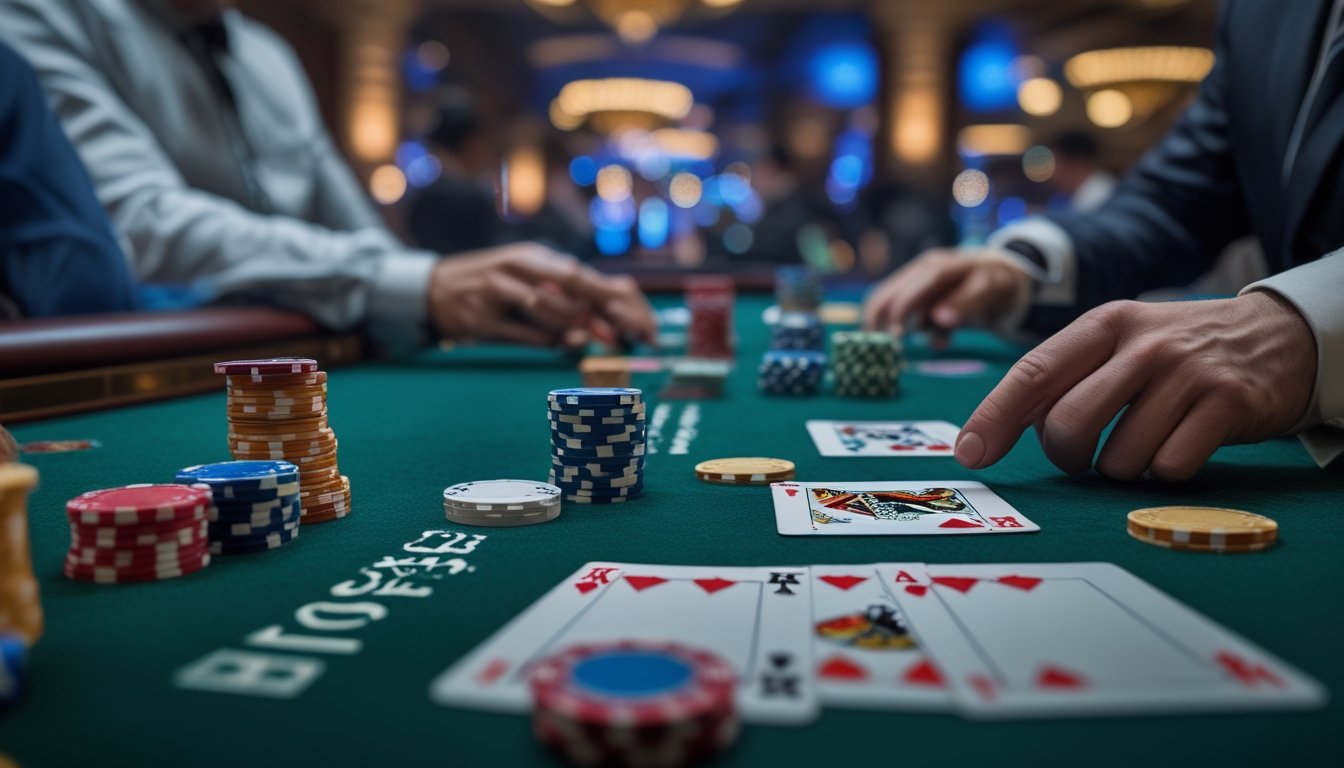 Meja kasino dengan kartu remi dan tumpukan chip poker, seorang dealer sedang membagikan kartu di suasana kasino yang ramai.