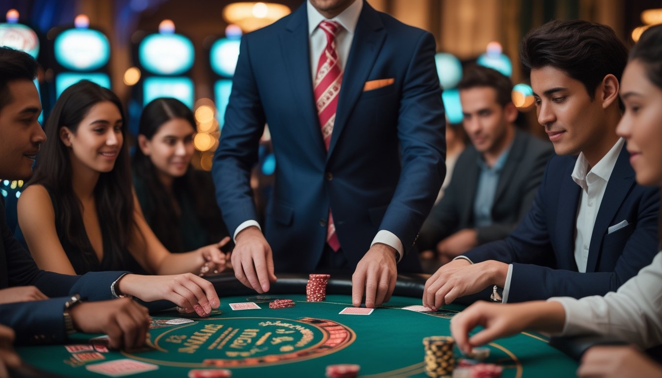Seorang dealer di meja poker kasino dengan pemain yang sedang bermain dan belajar permainan Casino War.
