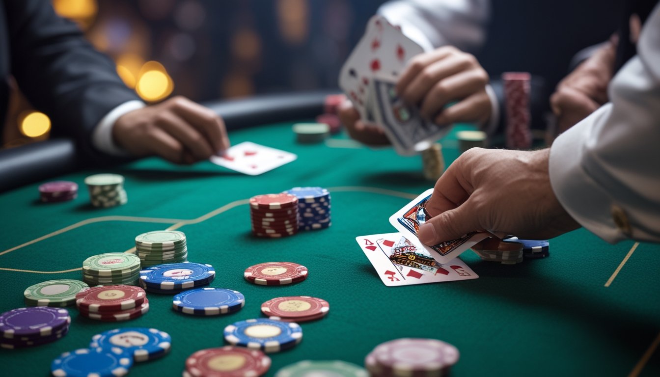 Meja kasino dengan kartu poker dan chip yang sedang dimainkan dalam suasana kasino yang terang dan ramah.