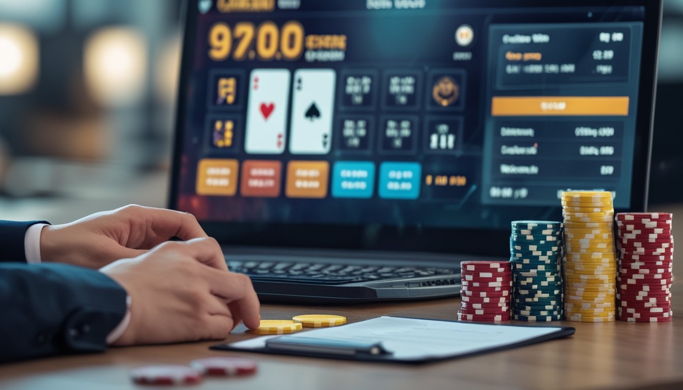 Seseorang mengatur tumpukan chip poker di depan layar komputer yang menampilkan permainan Casino War Poker online.