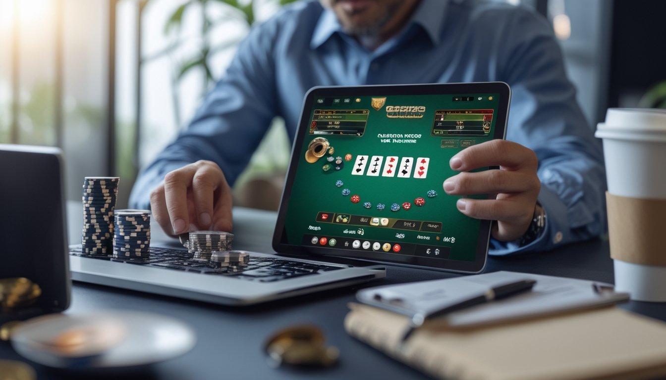 Seorang pemain sedang mengatur modal dengan serius sambil bermain Casino War Poker di laptop di ruang tamu.