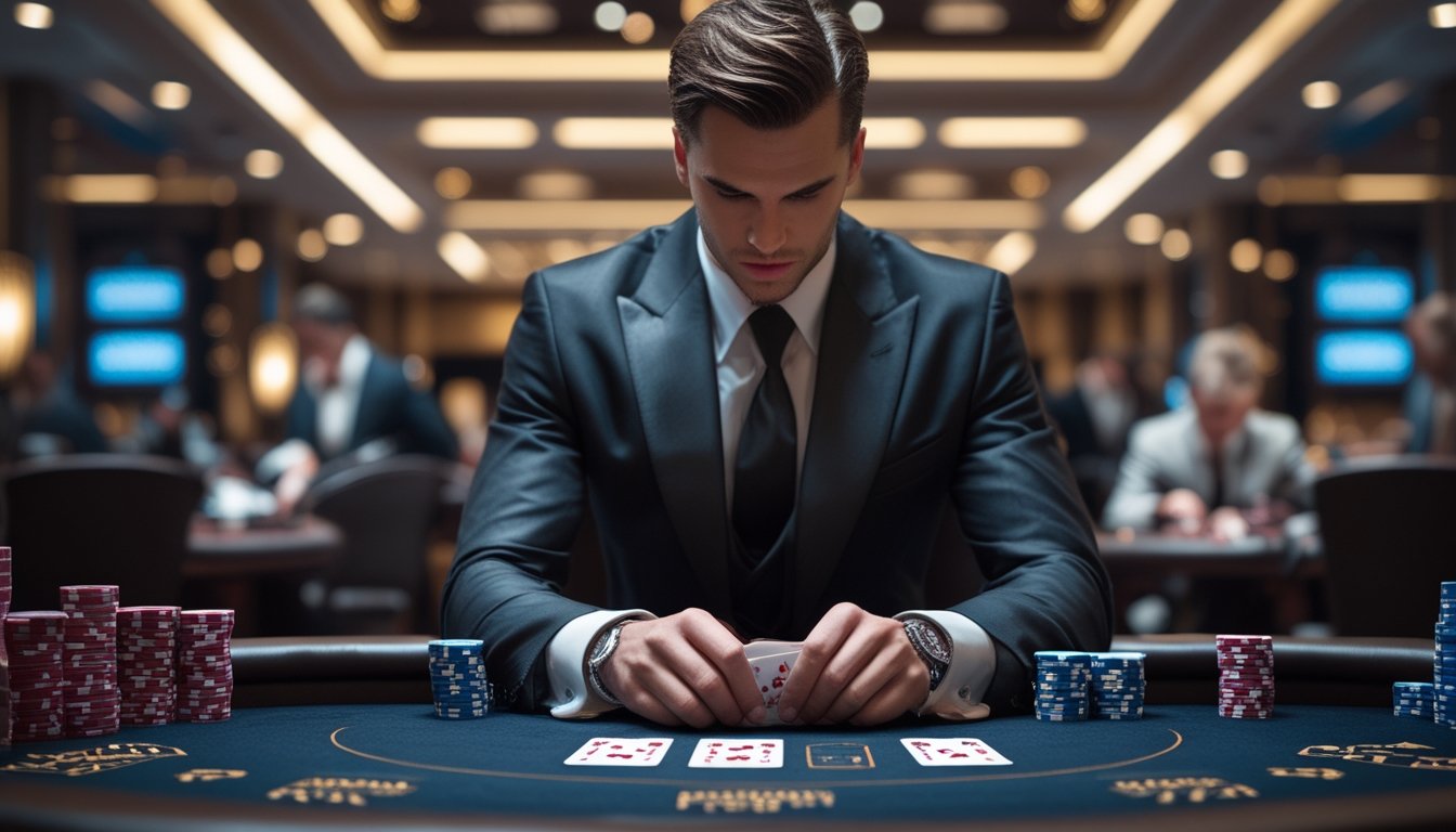 Seorang pemain profesional duduk di meja kasino dengan kartu dan chip poker, fokus bermain War Poker dalam suasana kasino yang mewah.