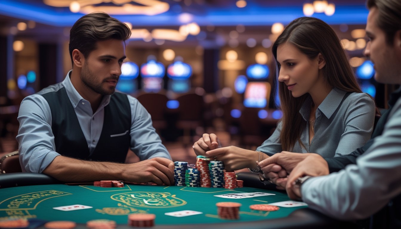 Dua pemain sedang fokus bermain permainan casino war poker di meja kasino dengan kartu dan chip taruhan.