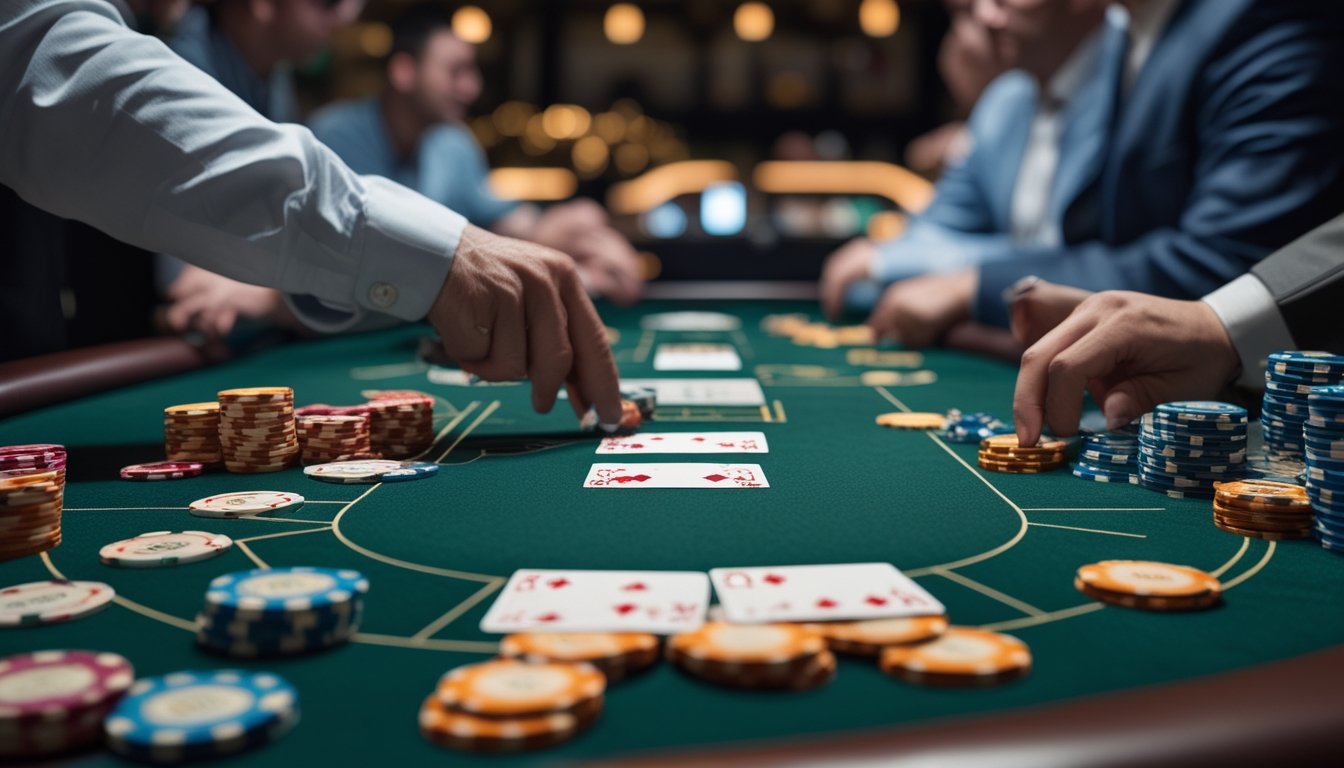 Meja poker kasino dengan tumpukan chip, kartu bermain, dan tangan dealer sedang memasang taruhan, dengan pemain di latar belakang.