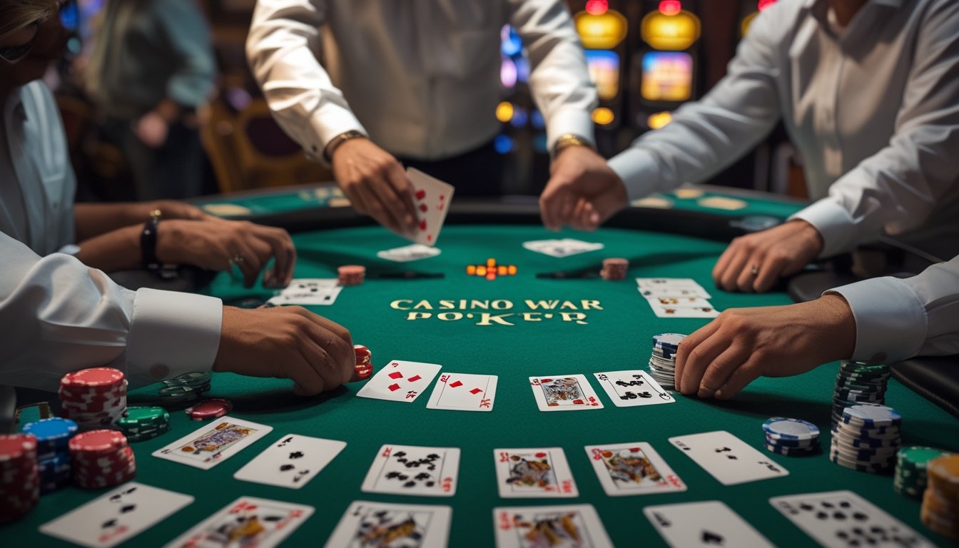 Meja permainan kasino dengan kartu remi dan chip poker, dealer membagikan kartu kepada pemain di sekeliling meja.