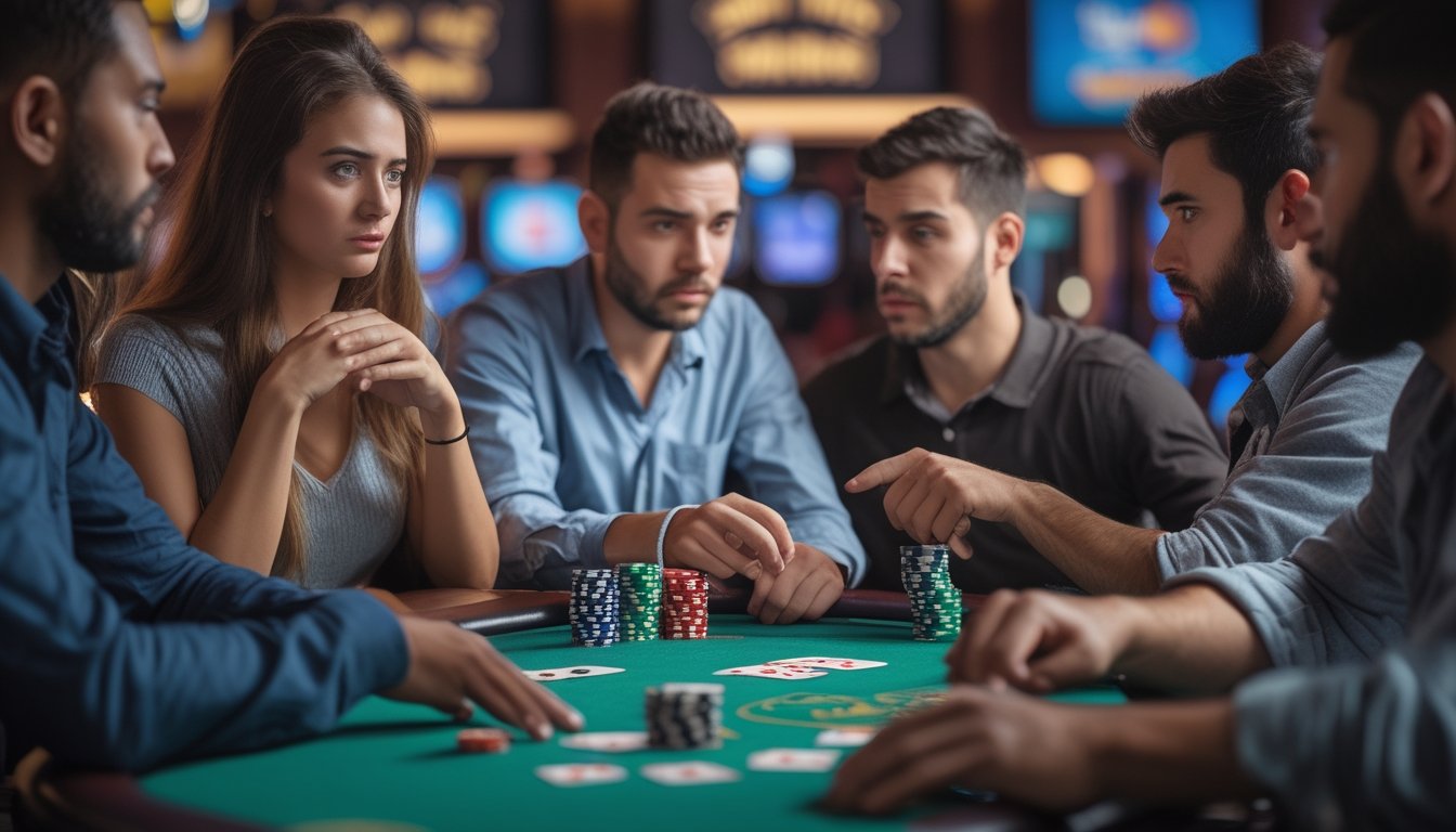 Beberapa pemain kasino sedang duduk di meja poker dengan ekspresi serius dan fokus bermain kartu.