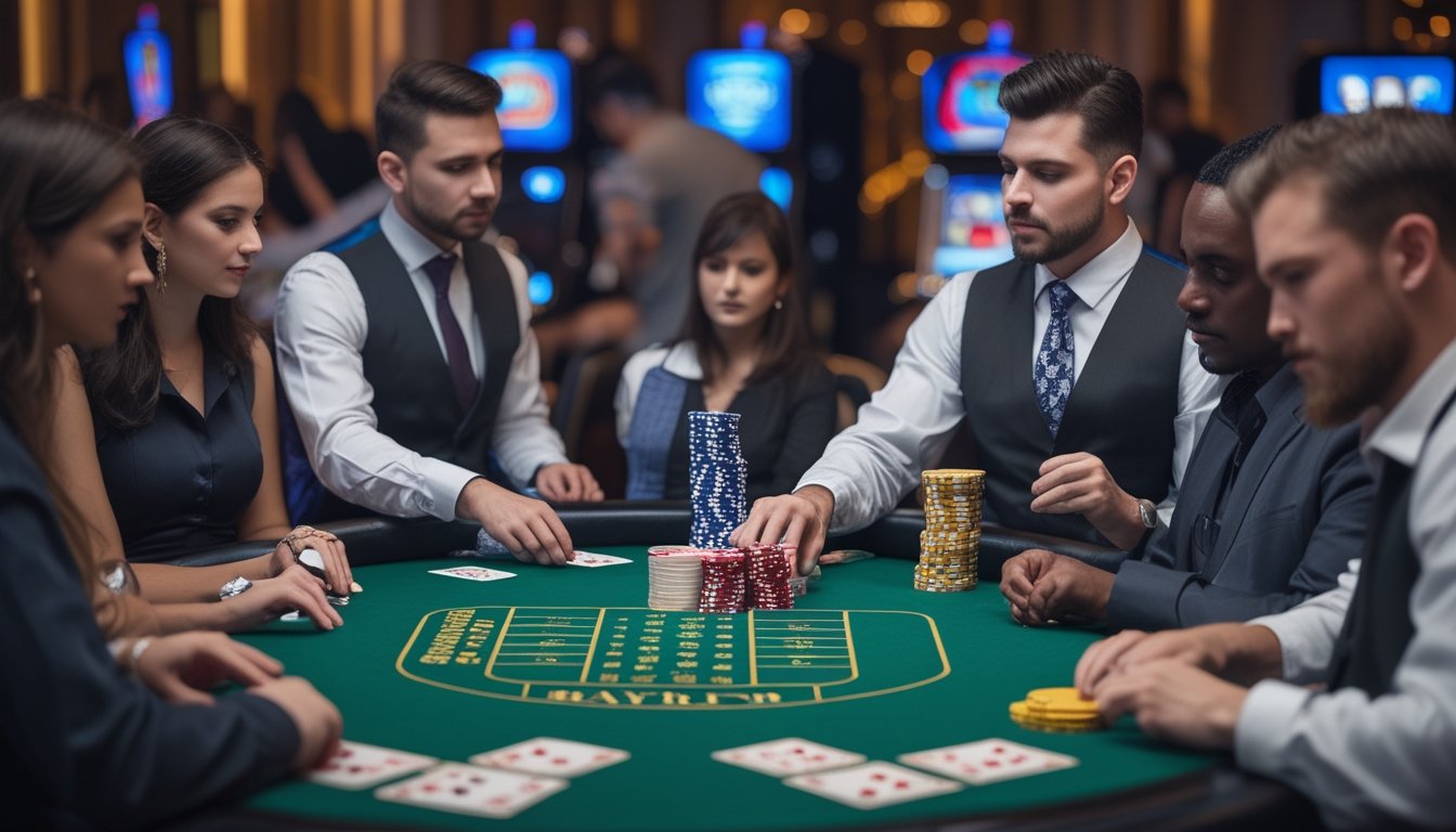 Meja kasino dengan pemain yang sedang bermain Casino War Poker, kartu dan chip poker terlihat di meja, suasana kasino di latar belakang.