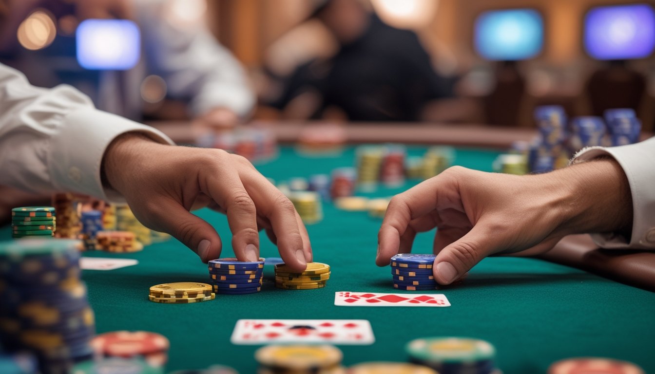 Tangan pemain sedang menempatkan chip di meja poker dengan kartu bermain di depan, di latar belakang suasana kasino yang samar.