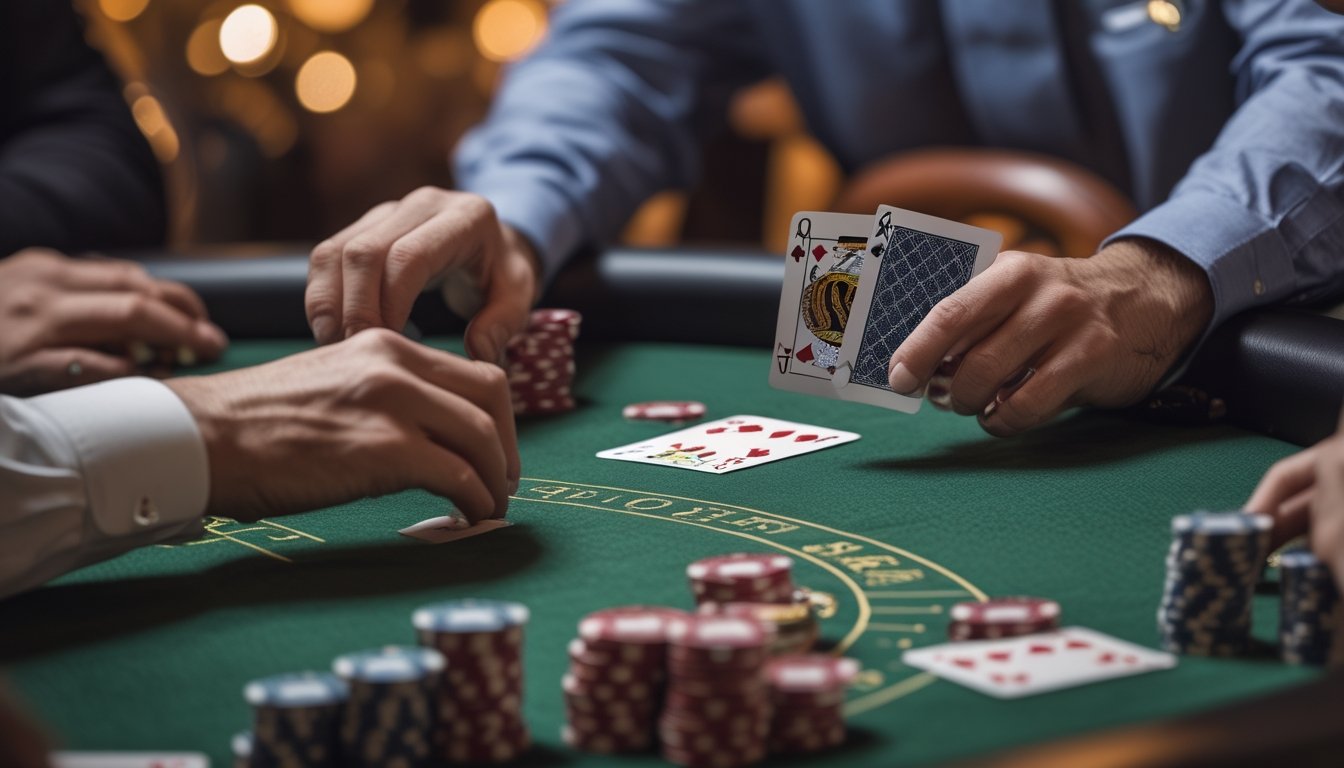 Meja kasino dengan dealer membagikan kartu poker kepada pemain yang sedang bermain Casino War Poker.