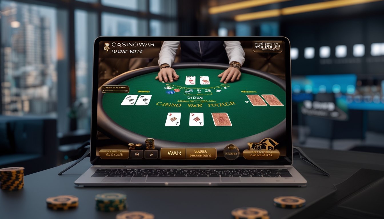 Meja poker digital modern menampilkan permainan Casino War Poker dan permainan poker lain dengan kartu dan chip di layar komputer.