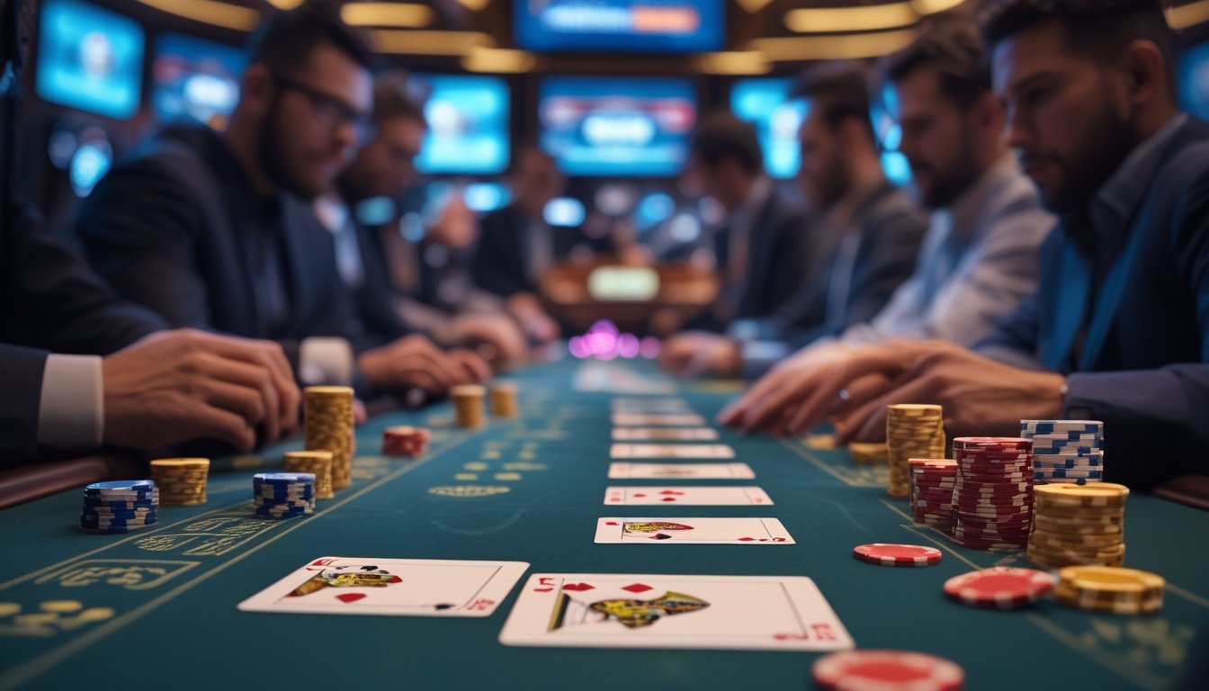 Meja kasino modern dengan kartu remi dan chip poker, beberapa pemain sedang bermain di latar belakang.