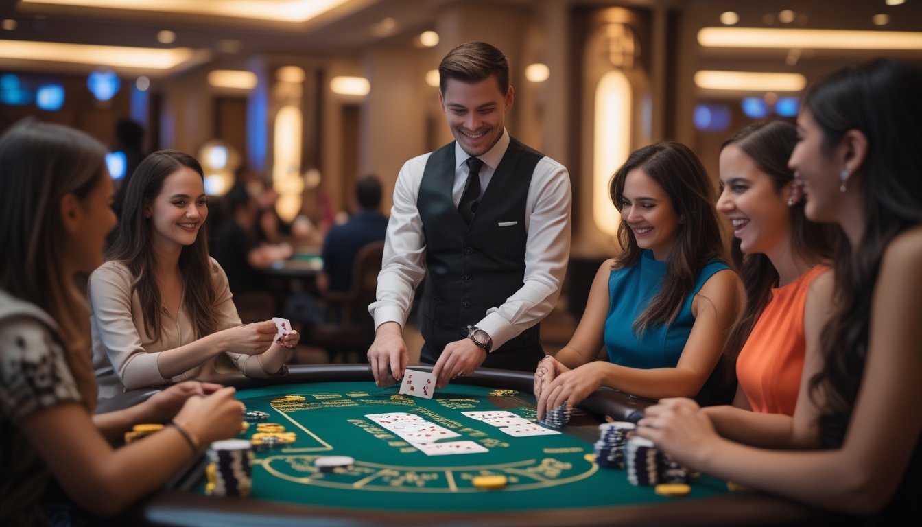 Meja kasino dengan dealer dan pemain yang sedang bermain Casino War Poker, dikelilingi chip dan kartu, dengan latar belakang kasino mewah.