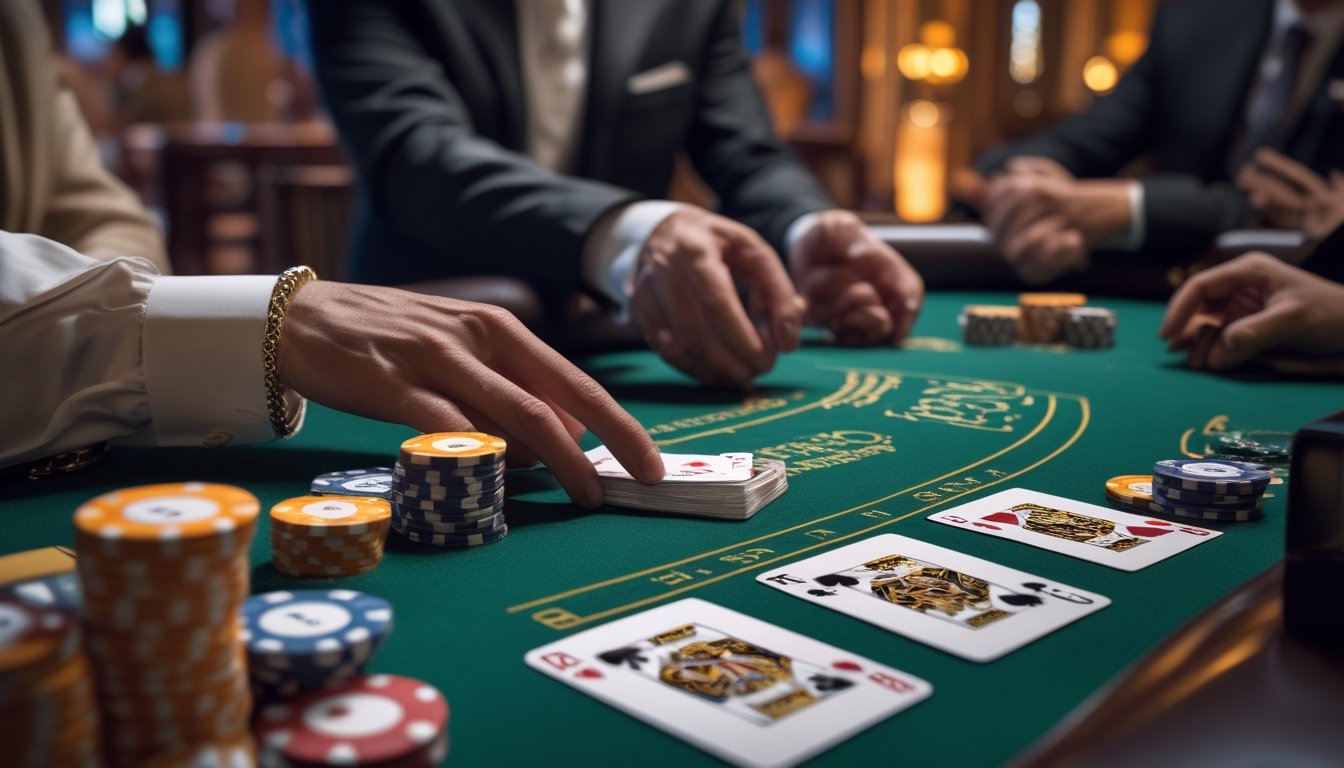 Meja kasino dengan dealer yang membagikan kartu poker kepada pemain yang duduk di sekitarnya, dengan tumpukan chip dan suasana kasino yang ramai.