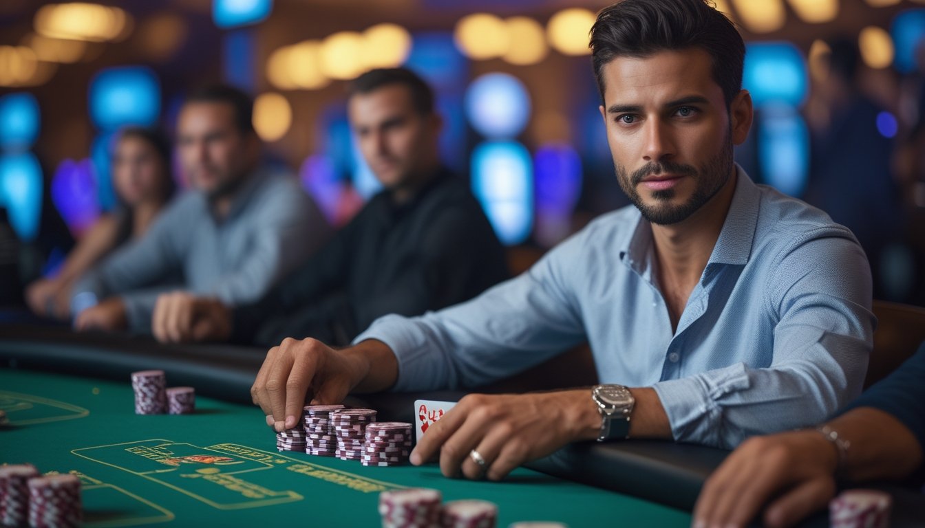 Seorang pemain poker berpengalaman duduk di meja kasino dengan kartu dan tumpukan chip, fokus dan percaya diri saat bermain Casino War Poker.