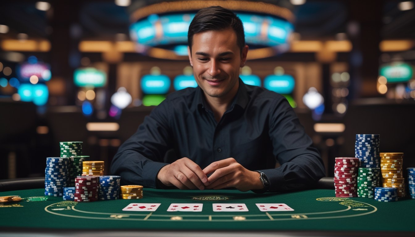 Seorang pemain berpengalaman duduk di meja casino War Poker dengan kartu dan chip poker di depan, tampak fokus dan percaya diri.