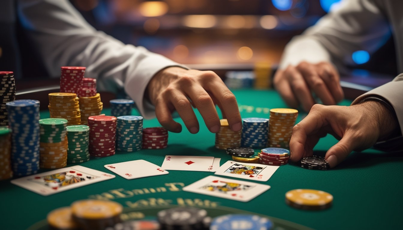 Tangan pemain yang mendorong semua chip ke tengah meja poker di kasino dengan kartu dan chip di meja.