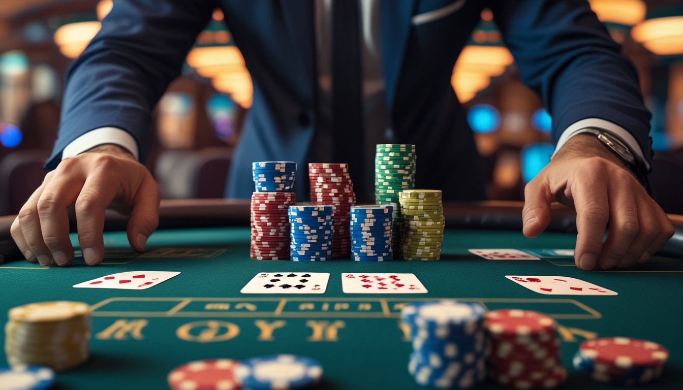 Seorang pemain kasino sedang memutuskan untuk all in di meja permainan Casino War Poker dengan tumpukan chip dan kartu di depan.