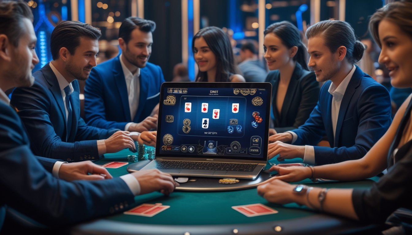 Beberapa orang bermain poker online di meja kasino modern dengan kartu digital dan perangkat elektronik.