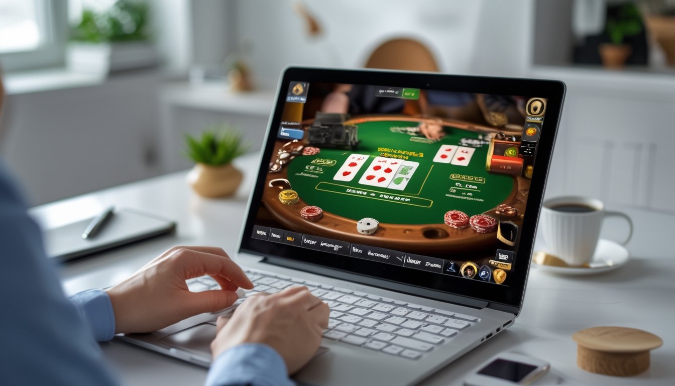 Seseorang bermain poker Casino War online di depan laptop dengan kartu dan chip terlihat di layar.