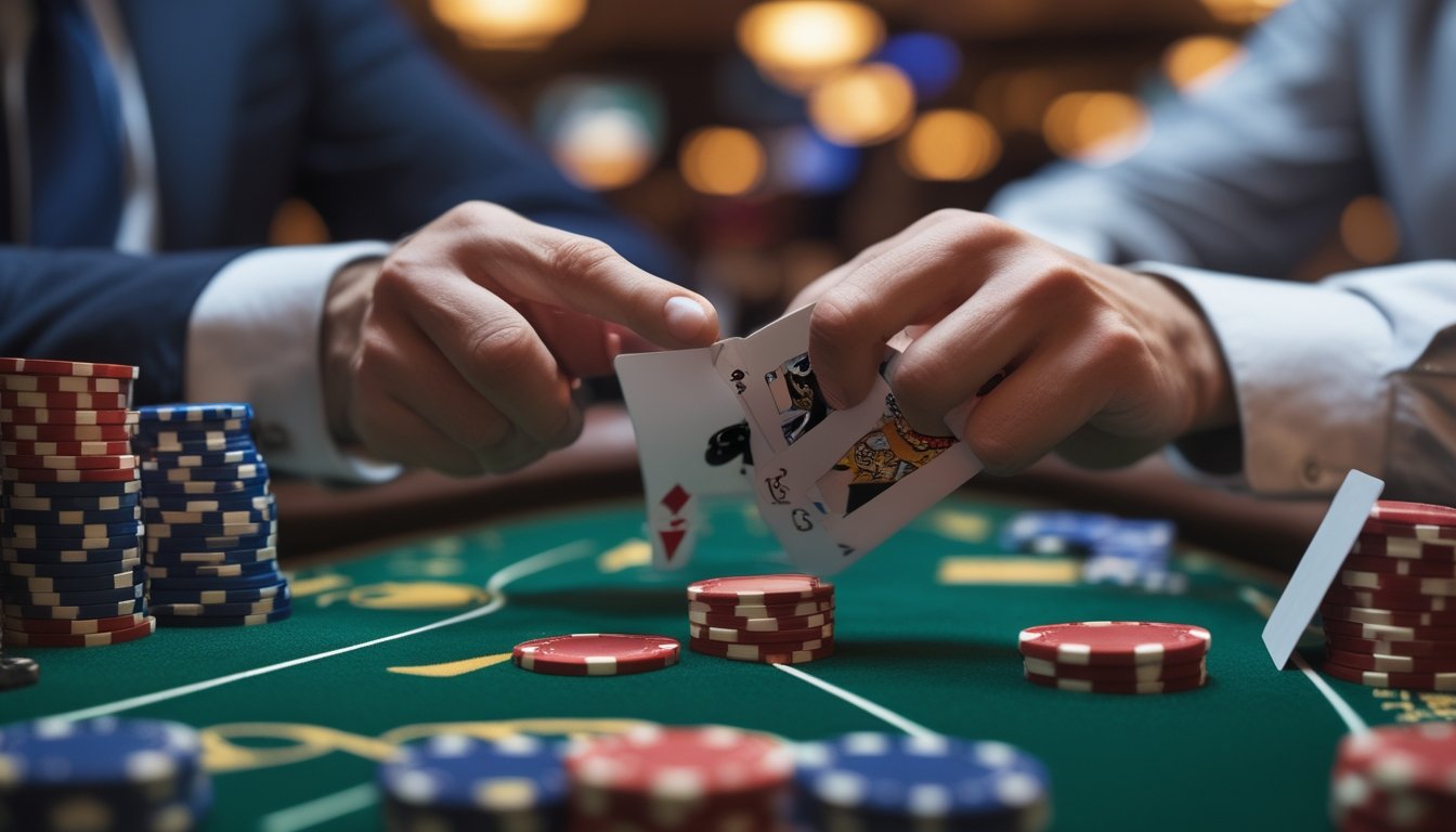 Dua pemain poker sedang bermain di meja kasino dengan tumpukan chip dan kartu, satu pemain memperhatikan lawannya dengan serius.