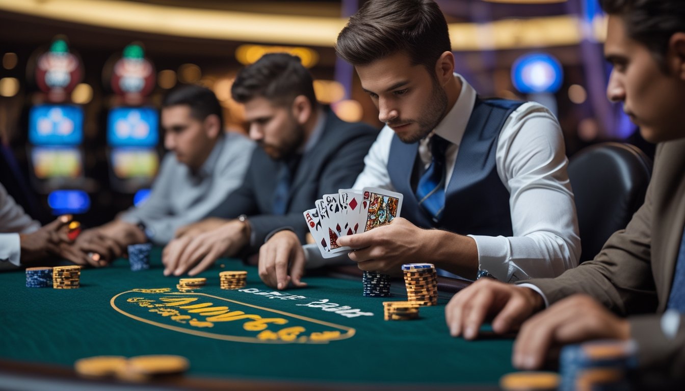 Meja poker kasino dengan pemain yang sedang menganalisis kartu dan tumpukan chip di depan mereka.