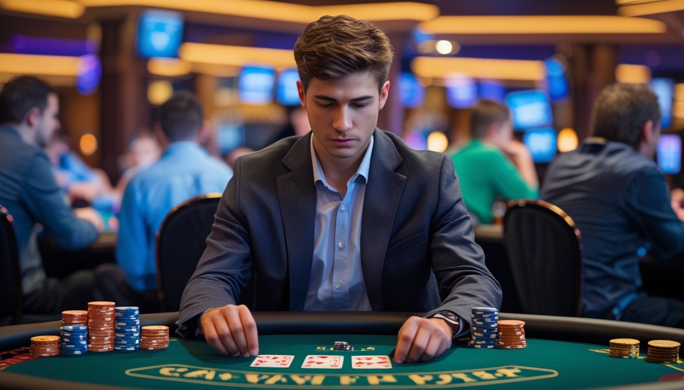 Seorang pria muda fokus duduk di meja poker kasino dengan tumpukan chip di depan, mengelola emosinya saat bermain Casino War Poker.