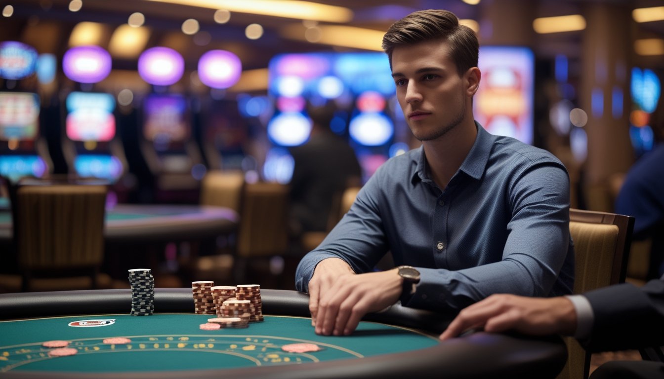 Seorang pria muda duduk tenang di meja kasino bermain Casino War Poker dengan kartu dan chip di depan, menunjukkan fokus dan pengendalian emosi.