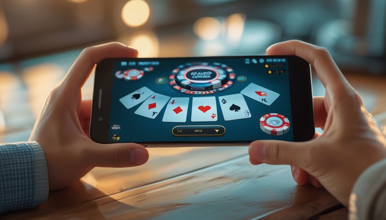 Seseorang sedang bermain permainan poker casino war di ponsel Android dengan latar belakang yang samar.